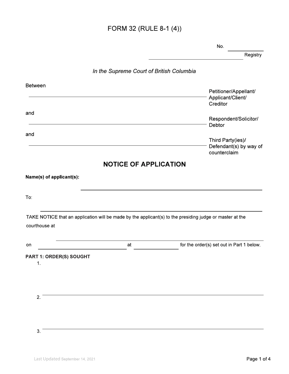 Form 32 Notice of Application - British Columbia, Canada, Page 1
