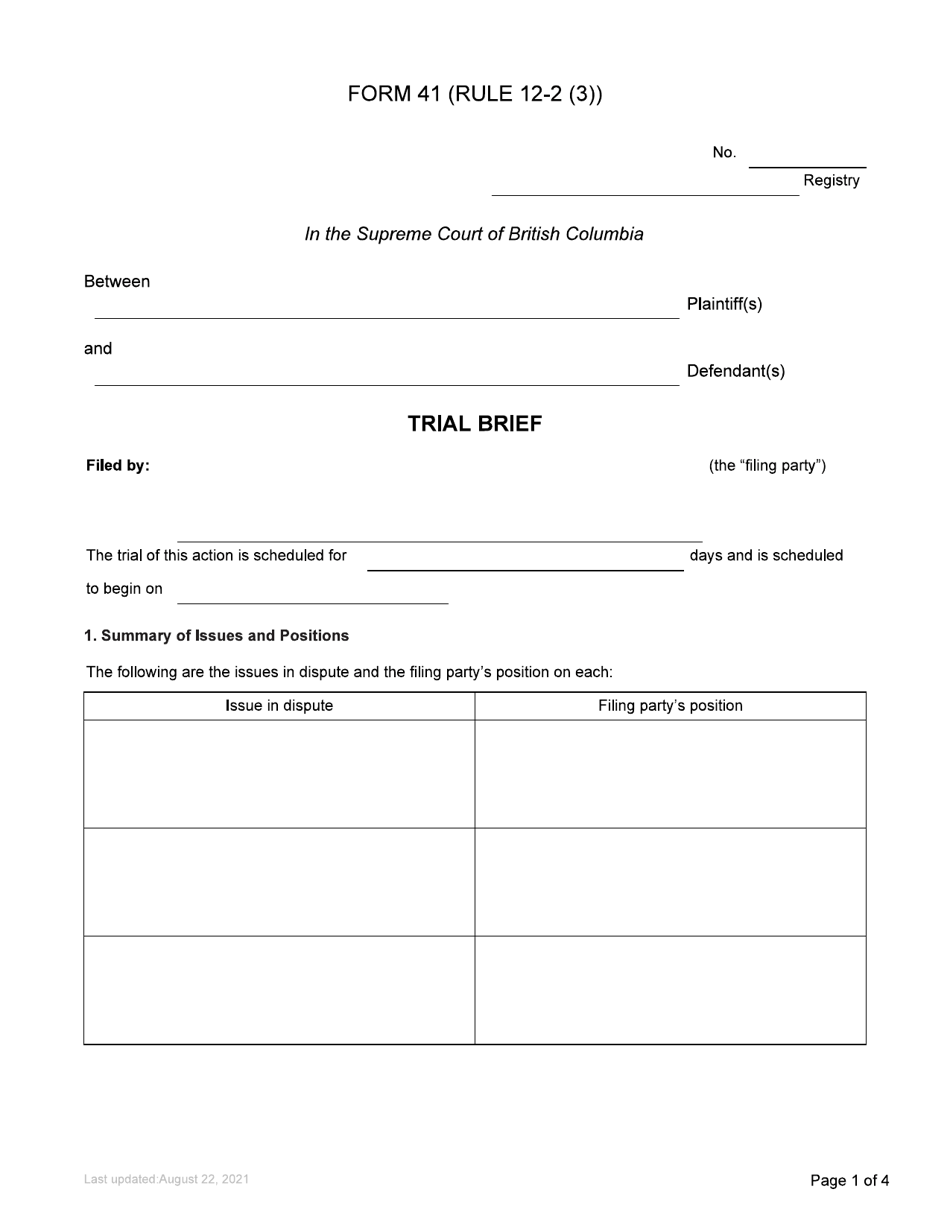 Form 41 Trial Brief - British Columbia, Canada, Page 1