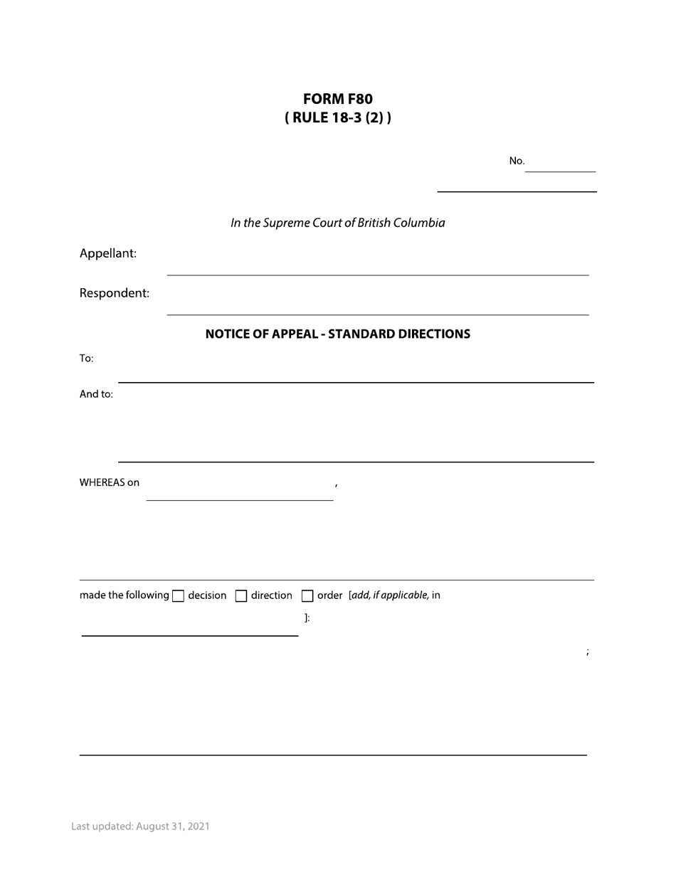 Form F80 Notice of Appeal - Standard Directions - British Columbia, Canada, Page 1