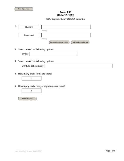Form F51 Order Made After Application - British Columbia, Canada
