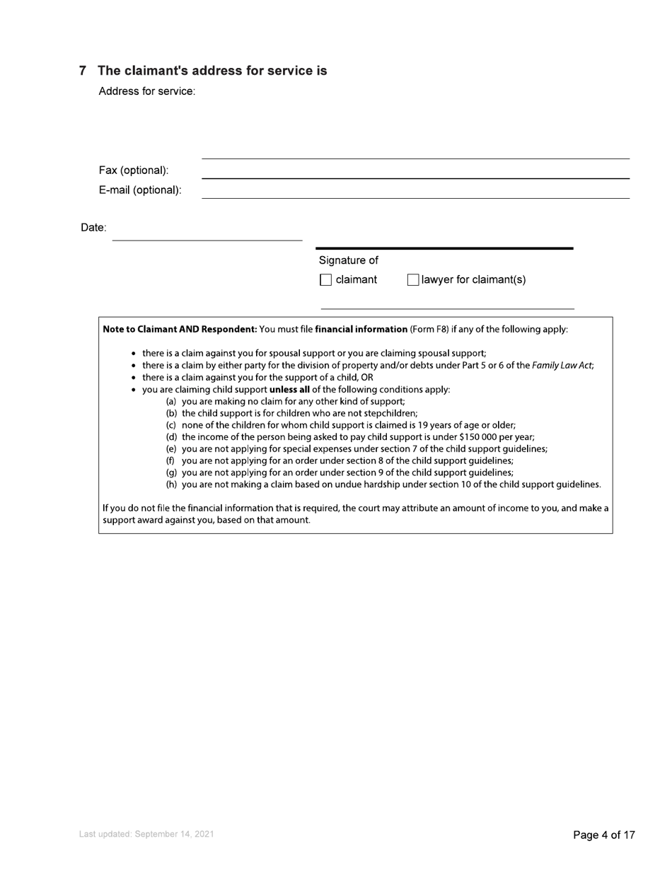 Form F3 Notice of Family Claim - British Columbia, Canada, Page 4
