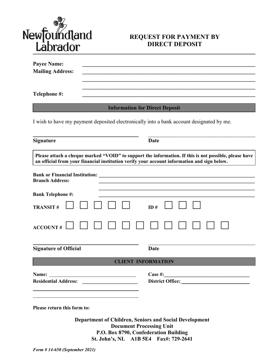 Form 14-650 Request for Payment by Direct Deposit - Newfoundland and Labrador, Canada, Page 1
