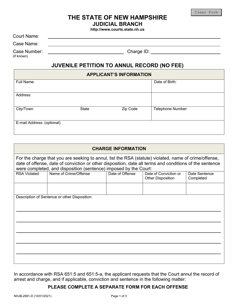 Form NHJB-2981-D Juvenile Petition to Annul Record (No Fee) - New Hampshire, Page 1