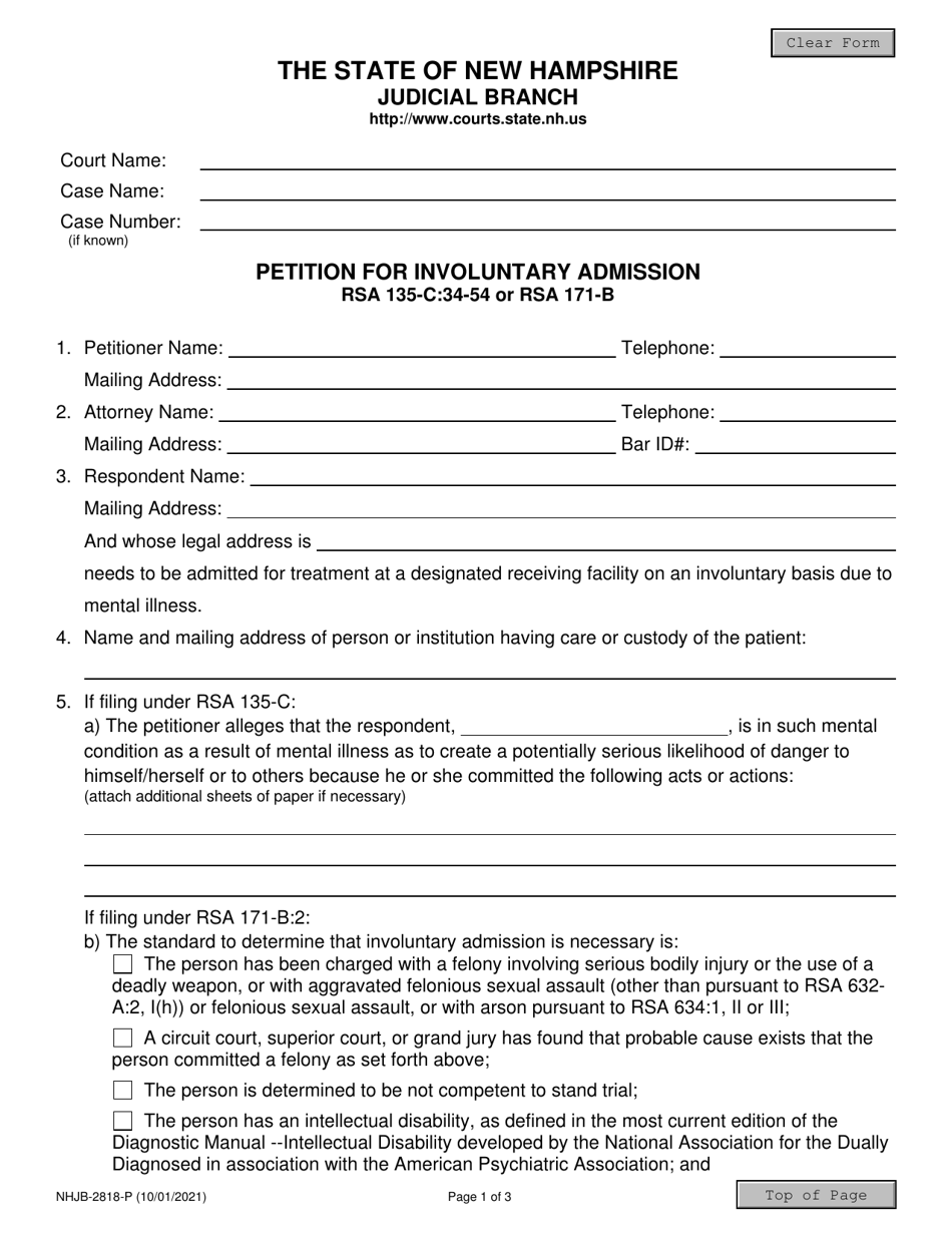 Form NHJB-2818-P Petition for Involuntary Admission - New Hampshire, Page 1