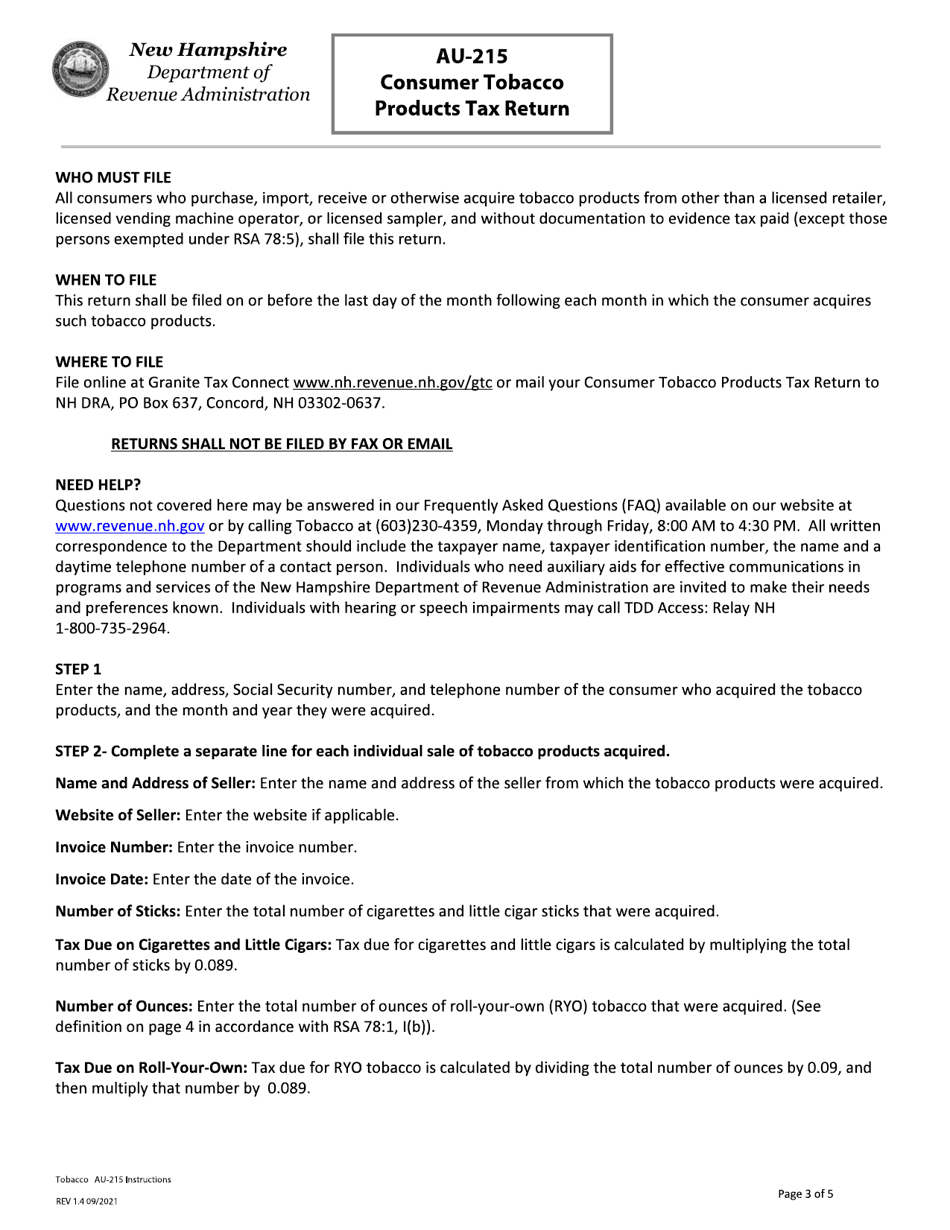 Form AU-215 Consumer Tobacco Products Tax Return - New Hampshire, Page 3