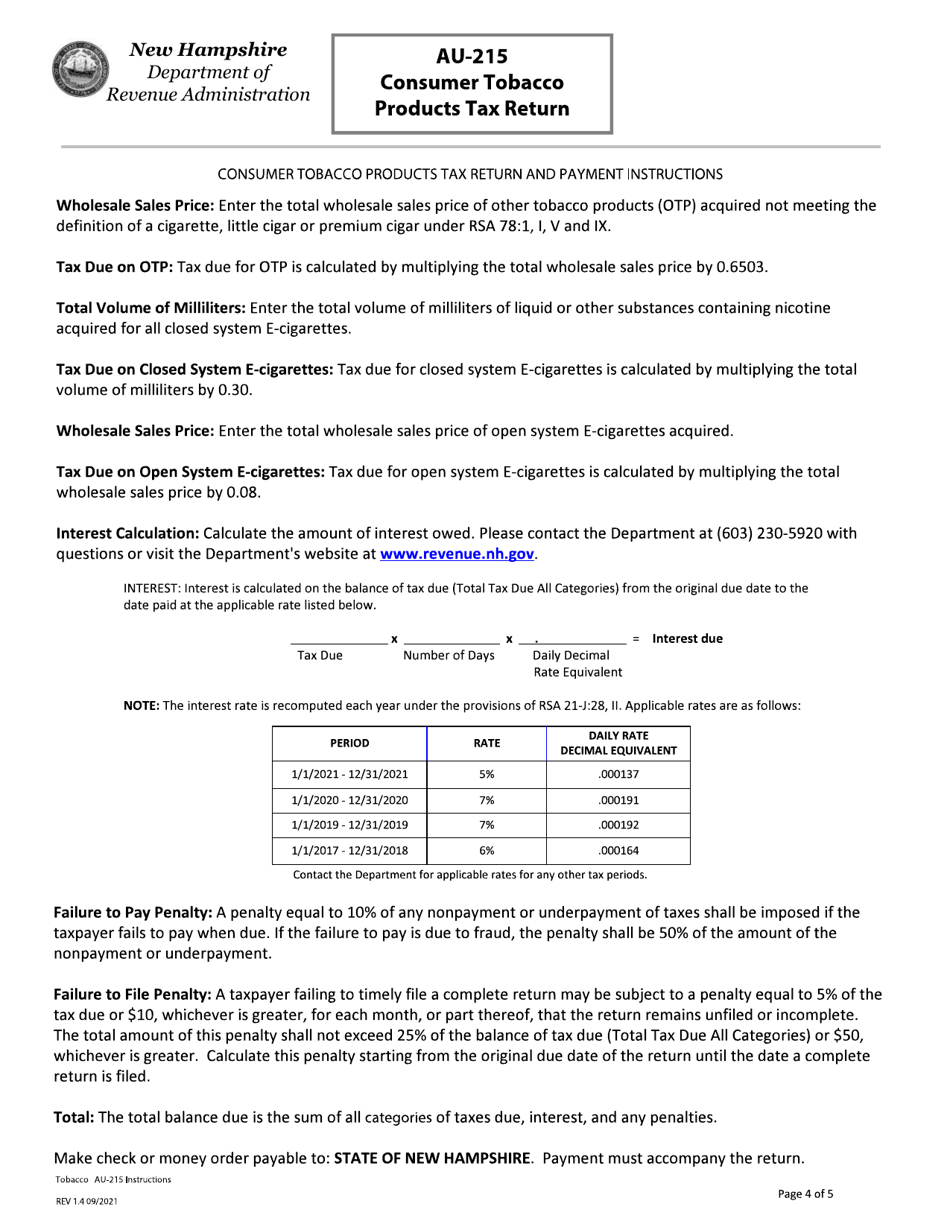 Form AU-215 Consumer Tobacco Products Tax Return - New Hampshire, Page 4