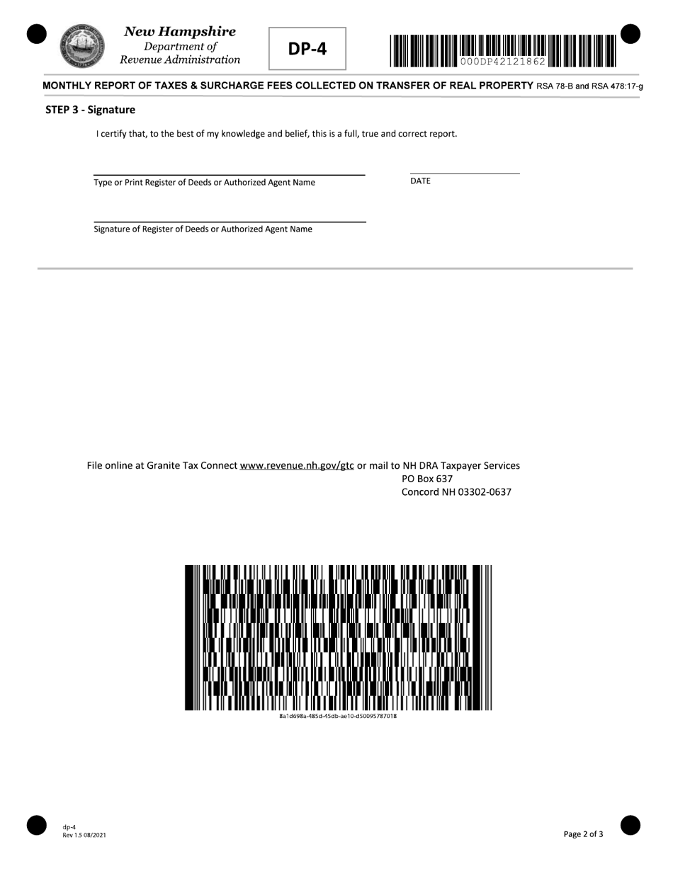 Form DP-4 Monthly Report of Taxes  Surcharge Fees Collected on Transfer of Real Property - New Hampshire, Page 2