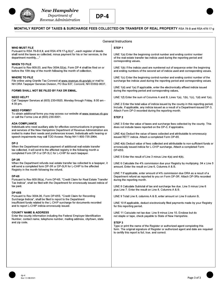 Form DP-4 Monthly Report of Taxes  Surcharge Fees Collected on Transfer of Real Property - New Hampshire, Page 3