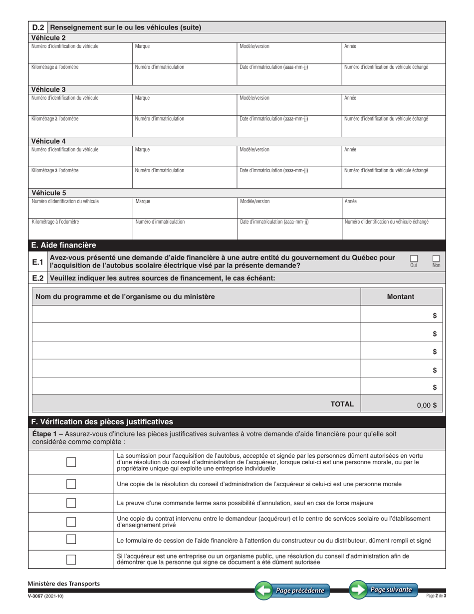 Forme V-3067 Demande Daide Financiere a Lachat Dun Autobus Scolaire Electrique - Quebec, Canada (French), Page 2