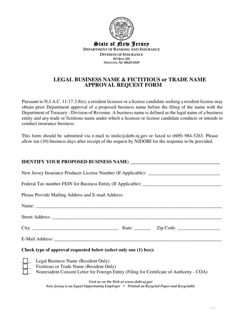 Legal Business Name & Fictitious or Trade Name Approval Request Form - New Jersey Download Pdf