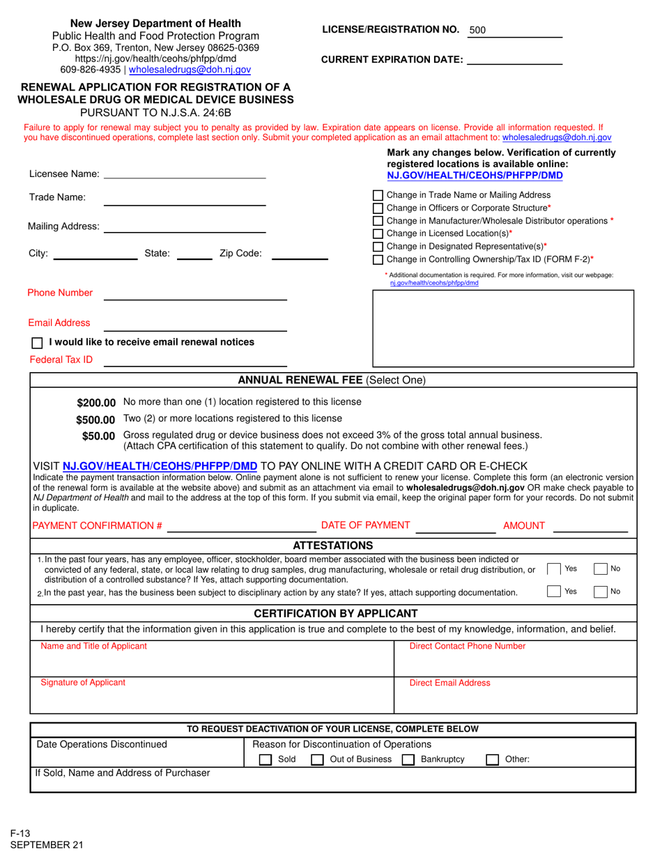 Form F-13 Renewal Application for Registration of a Wholesale Drug or Medical Device Business - New Jersey, Page 1