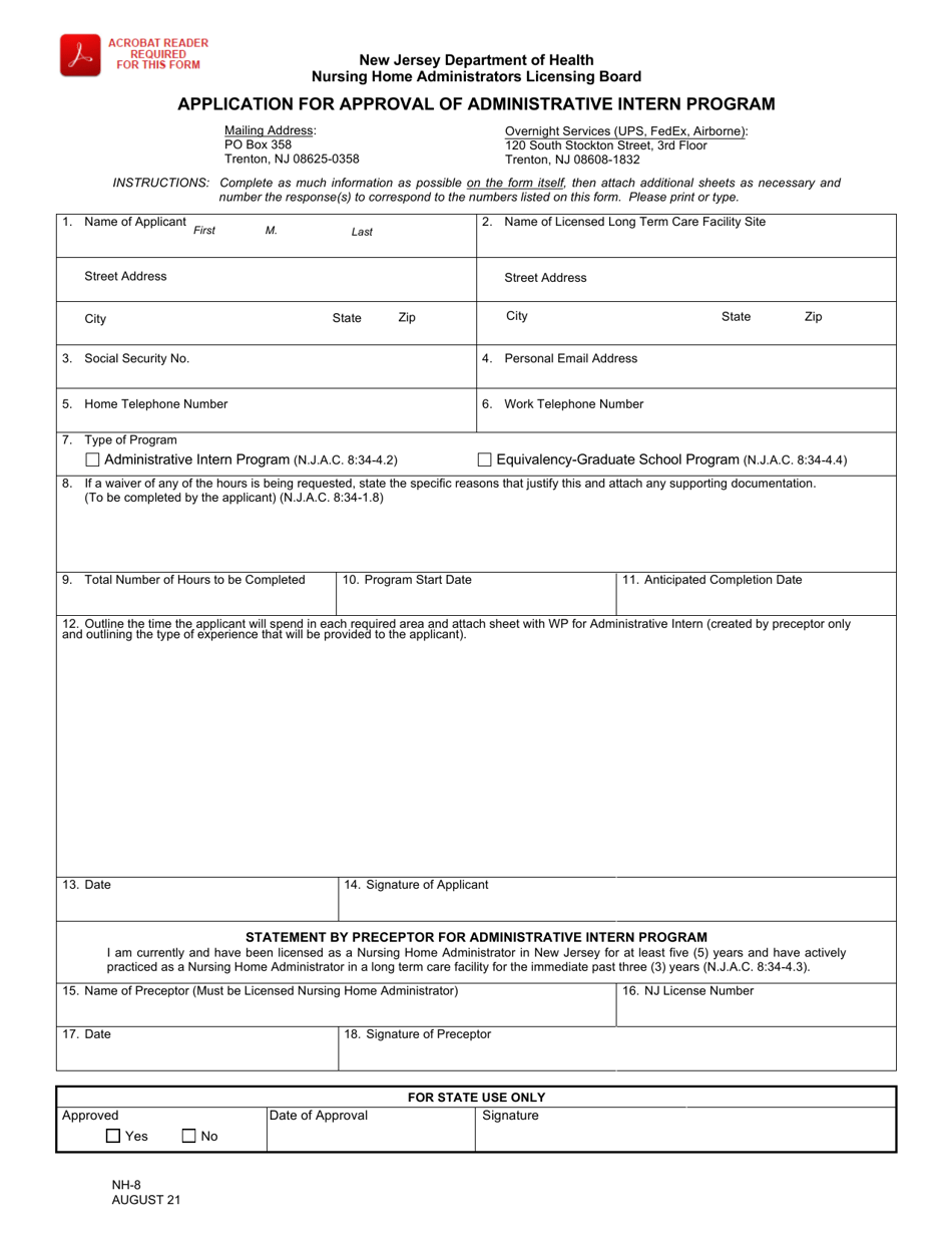 Form NH-8 Application for Approval of Administrative Intern Program - New Jersey, Page 1