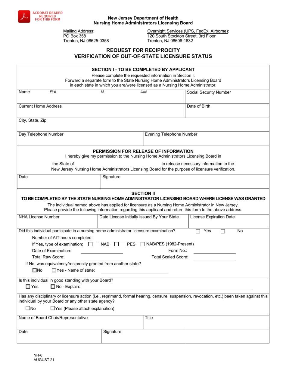 Form NH-6 Request for Reciprocity Verification of Out-of-State Licensure Status - New Jersey, Page 1