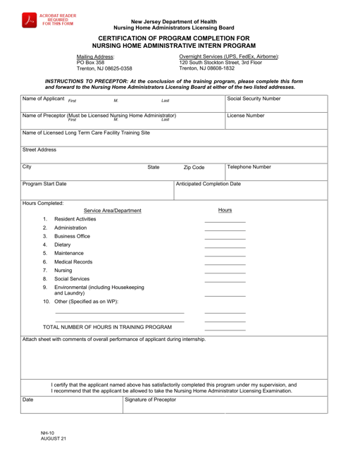 Form NH-10 Certification of Program Completion for Nursing Home Administrative Intern Program - New Jersey