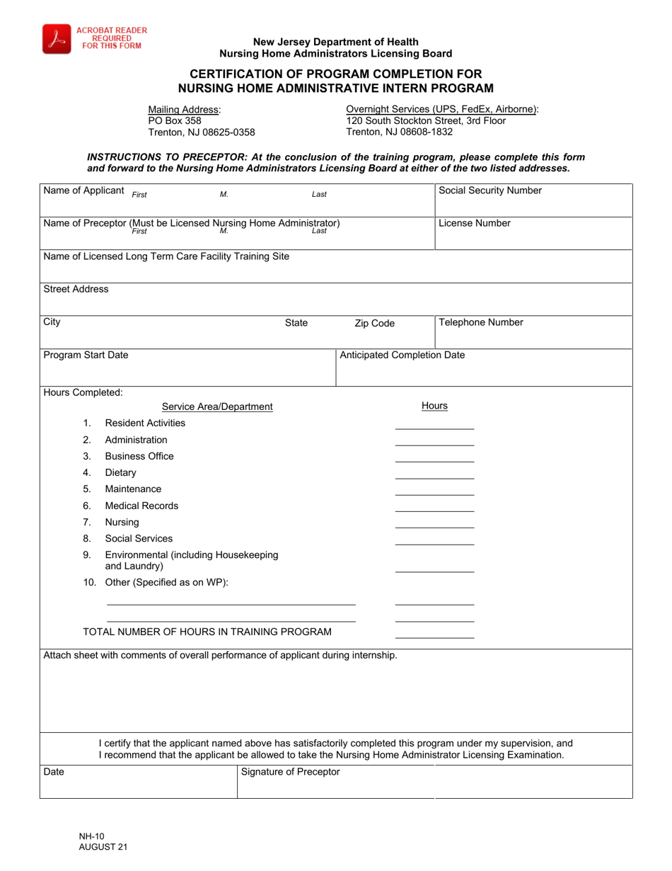 Form NH-10 Certification of Program Completion for Nursing Home Administrative Intern Program - New Jersey, Page 1