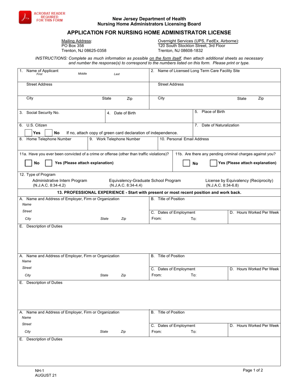 Form NH-1 Application for Nursing Home Administrator License - New Jersey, Page 1