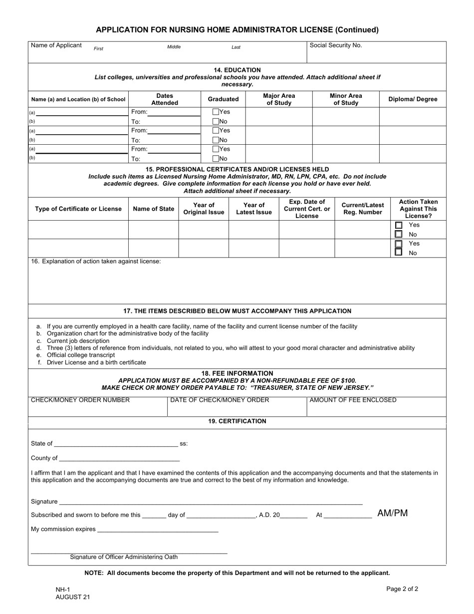 Form NH-1 Download Fillable PDF or Fill Online Application for Nursing ...