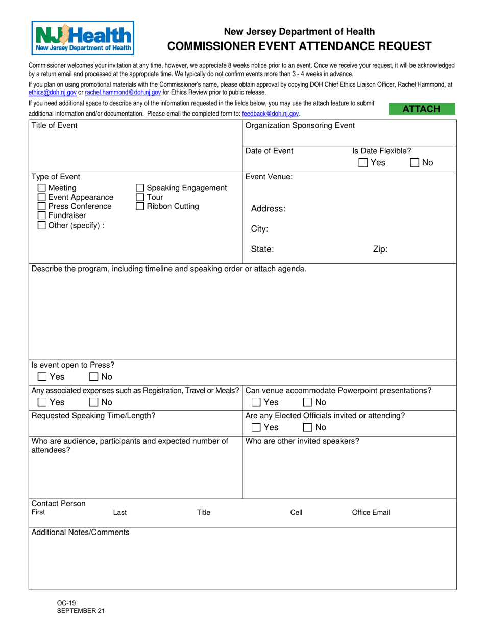 Form OC-19 Commissioner Event Attendance Request - New Jersey, Page 1