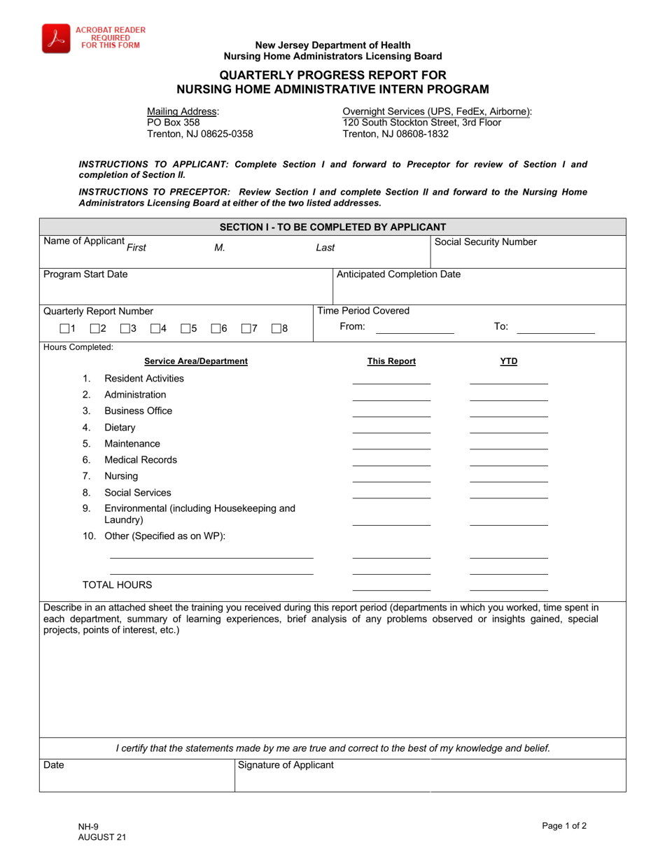 Form NH-9 Quarterly Progress Report for Nursing Home Administrative Intern Program - New Jersey, Page 1