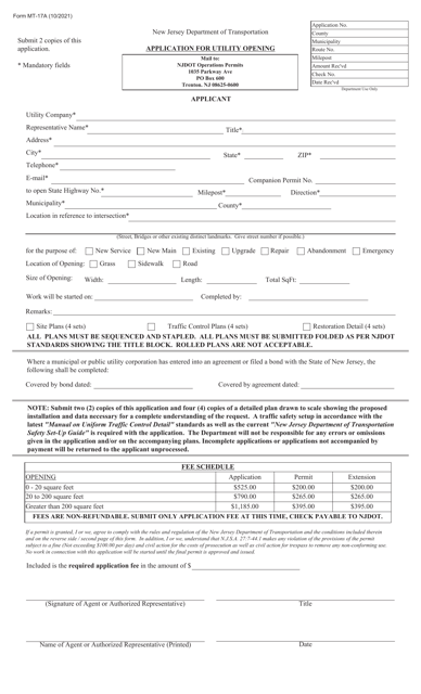 Form MT-17A Application for Utility Opening - New Jersey