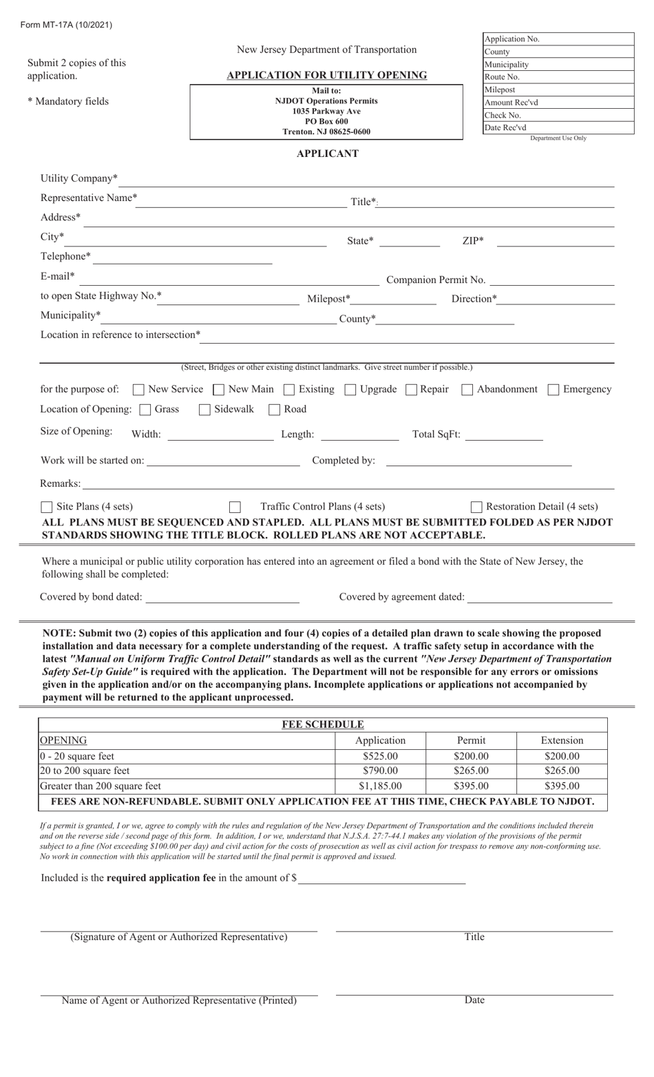 Form MT-17A Application for Utility Opening - New Jersey, Page 1