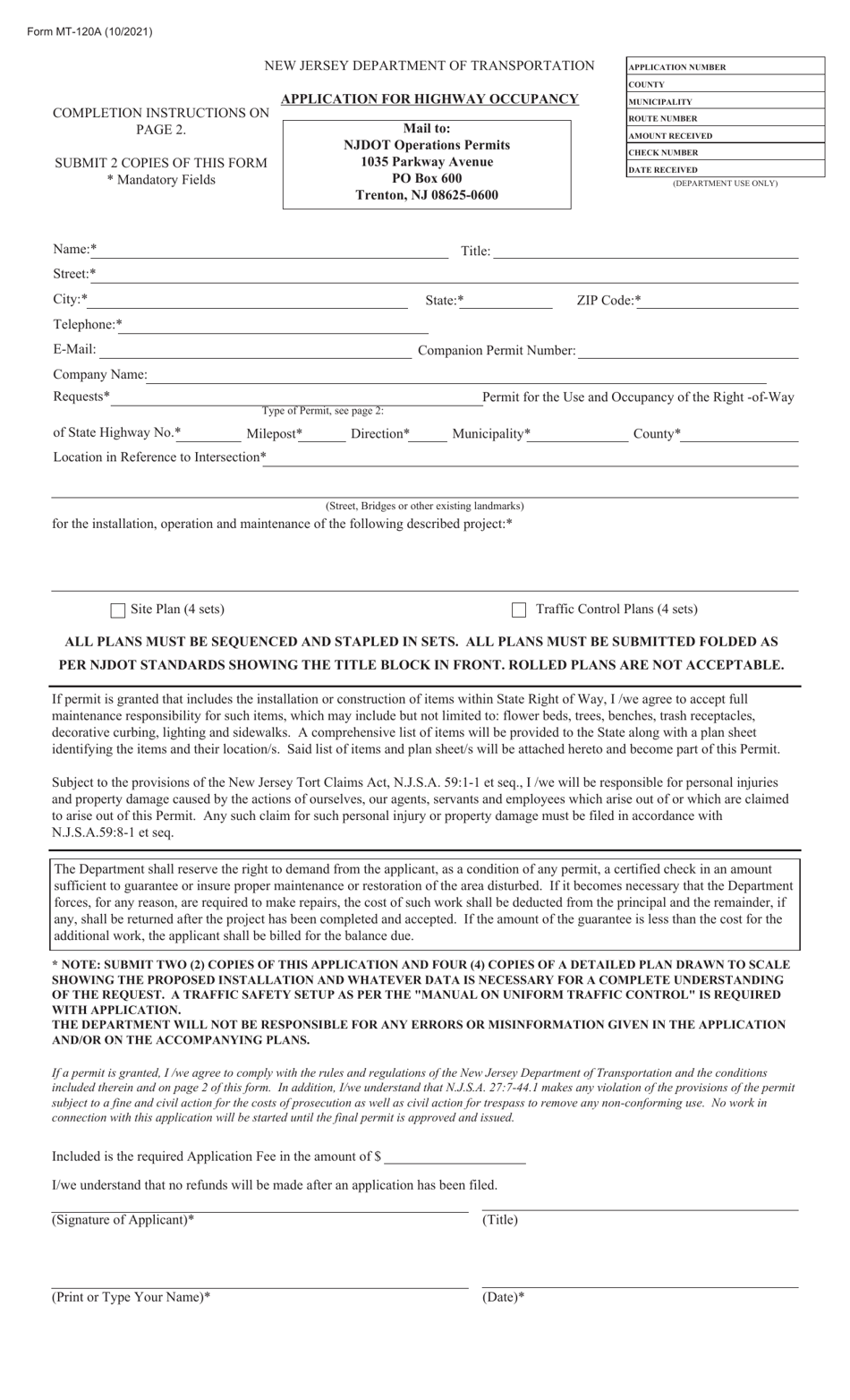 Form Mt 120a Download Fillable Pdf Or Fill Online Application For Highway Occupancy New Jersey 6423