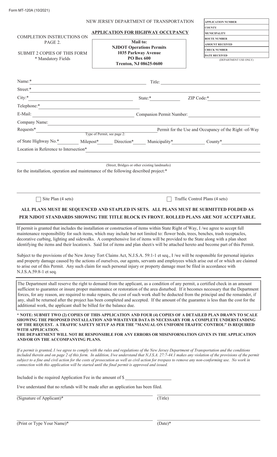 Form MT-120A Application for Highway Occupancy - New Jersey, Page 1