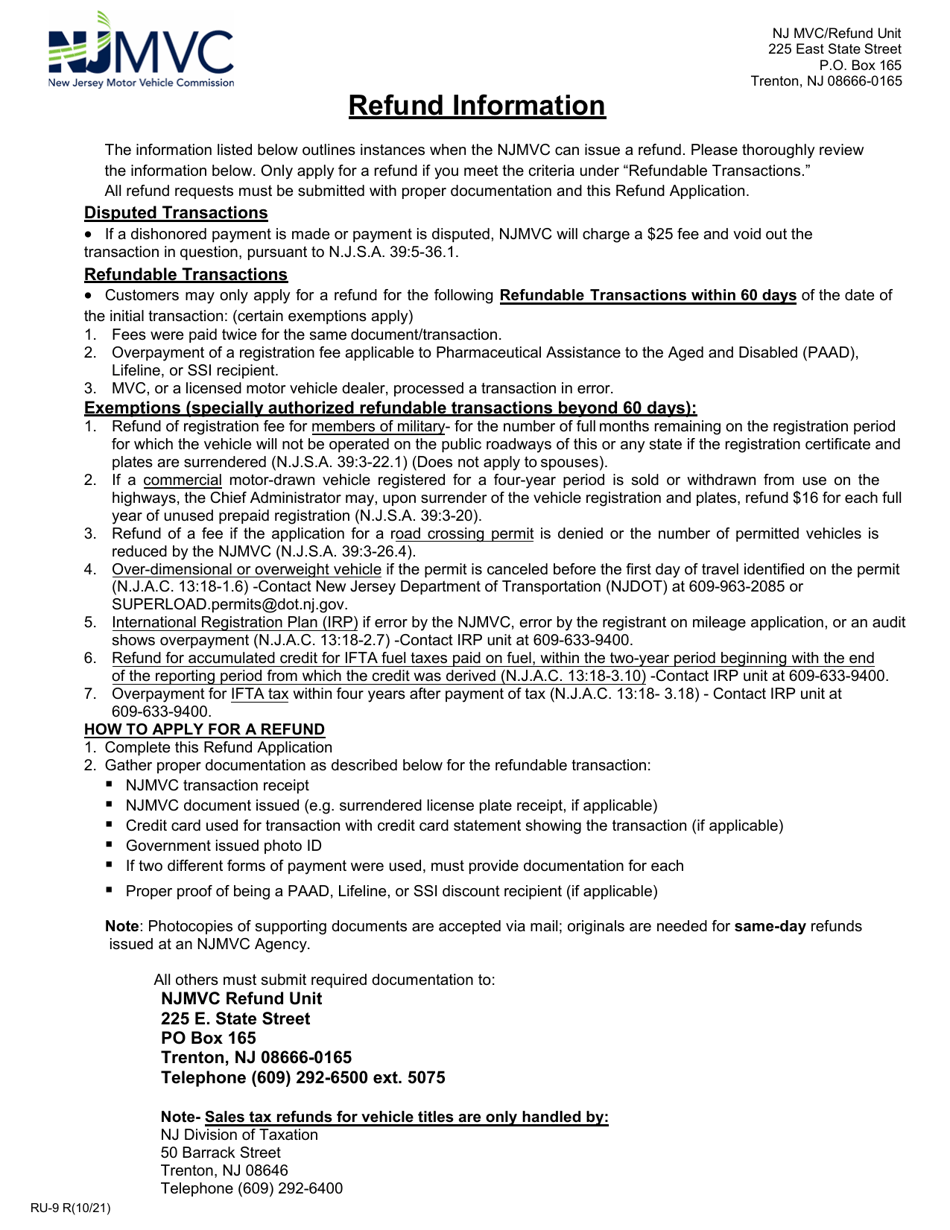 Form RU-9 Refund Application - New Jersey, Page 2
