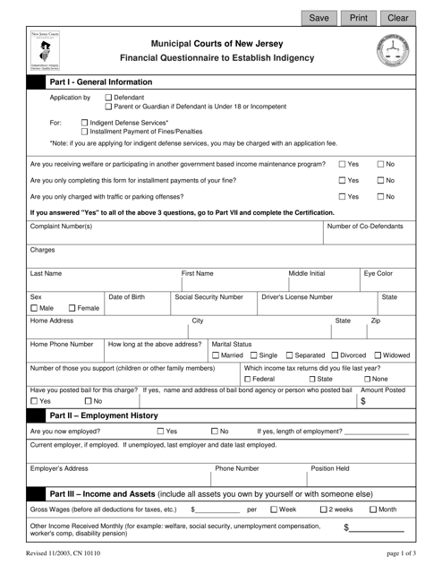 Form 10110 Financial Questionnaire to Establish Indigency - New Jersey