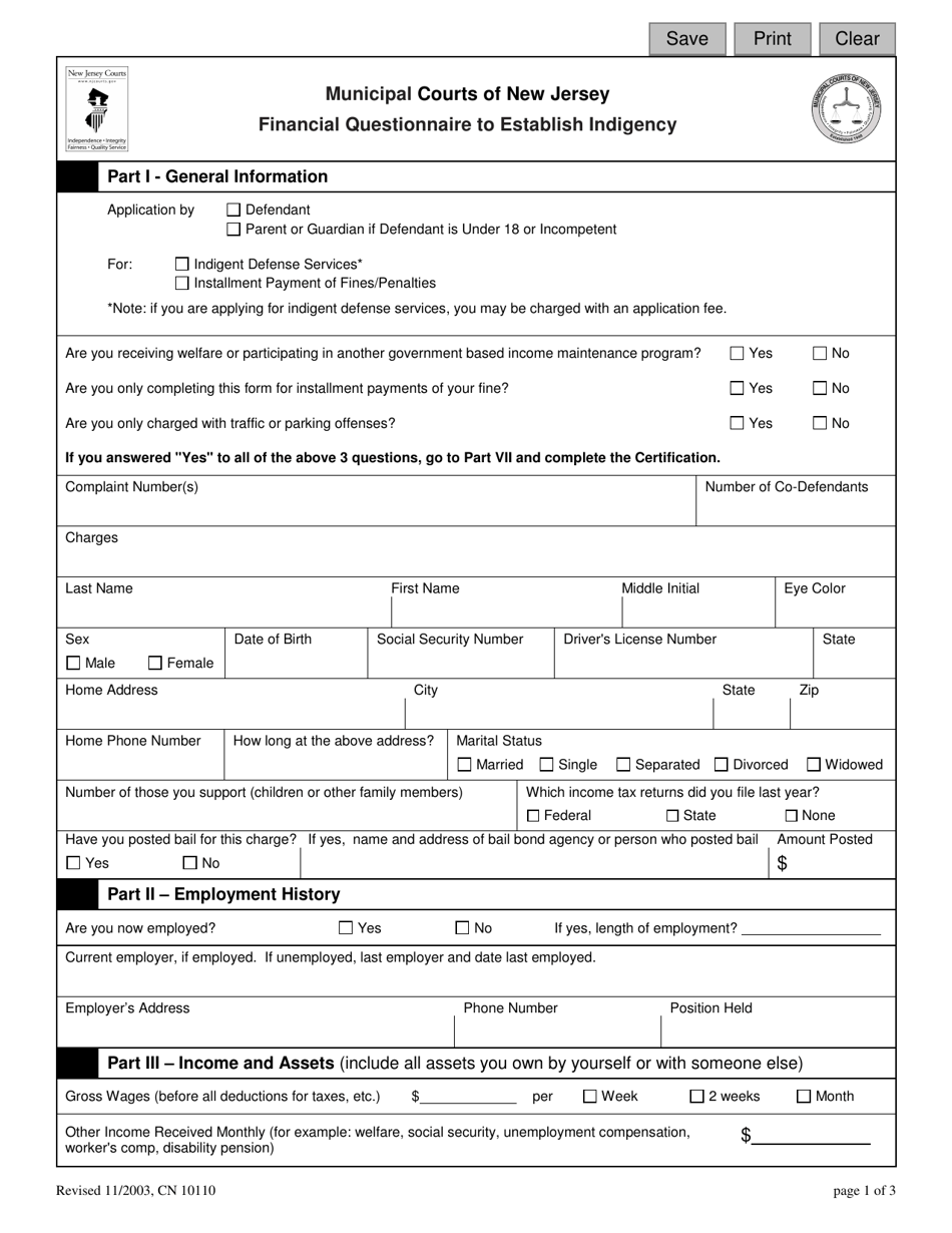 Form 10110 Financial Questionnaire to Establish Indigency - New Jersey, Page 1