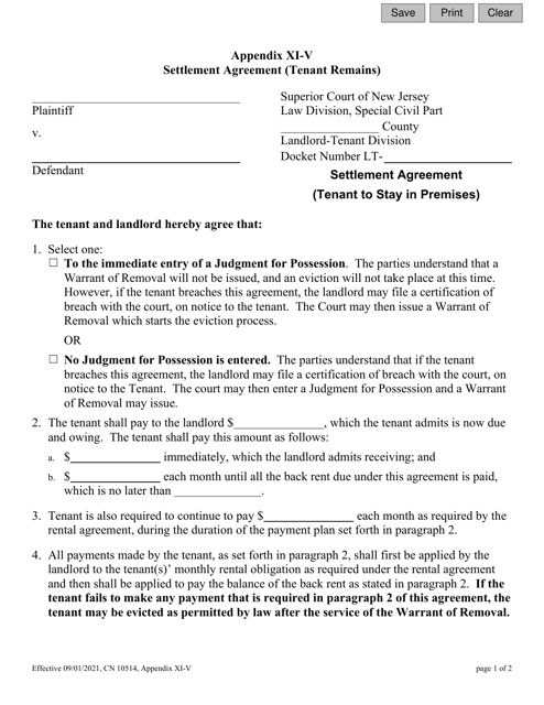 Form 10514 Appendix XI-V Settlement Agreement (Tenant Remains) - New Jersey