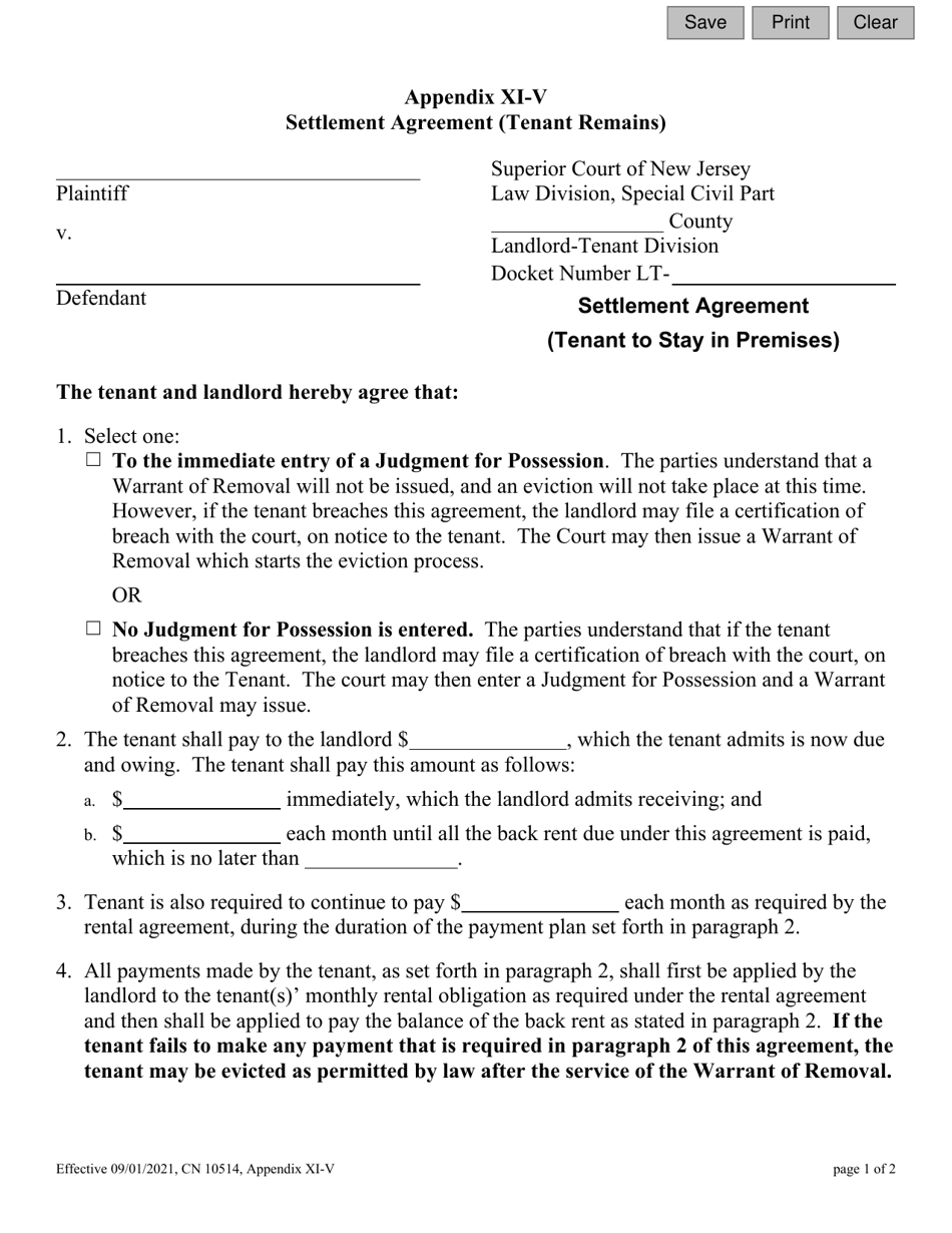 Form 10514 Appendix XI-V Settlement Agreement (Tenant Remains) - New Jersey, Page 1
