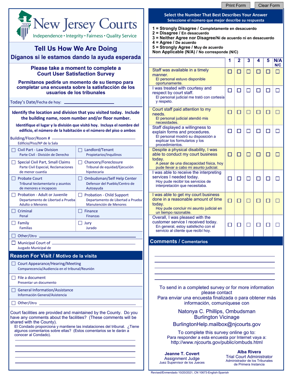 Form 10673 Court User Satisfaction Survey - Burlington - New Jersey (English / Spanish), Page 1