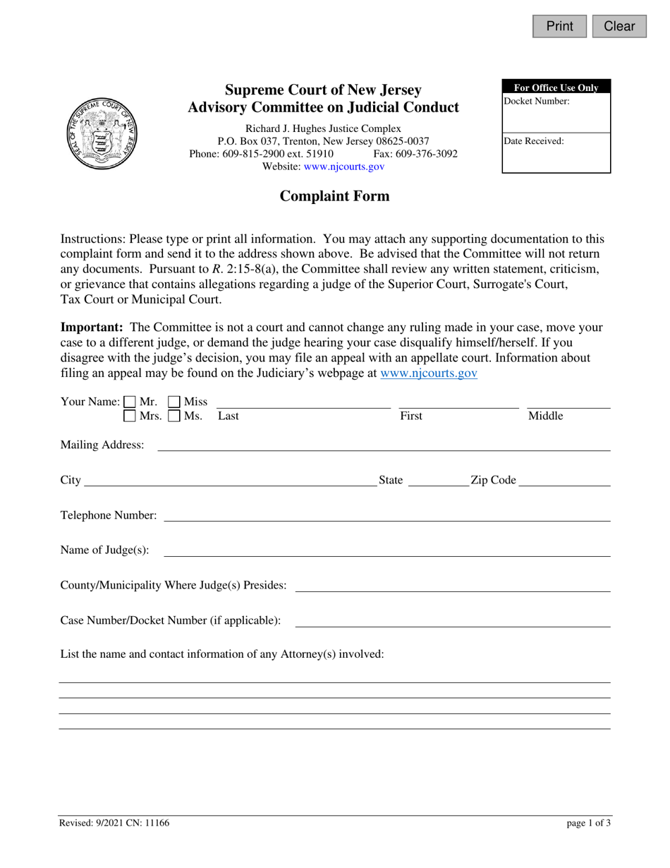 Form 11166 Complaint Form - New Jersey, Page 1