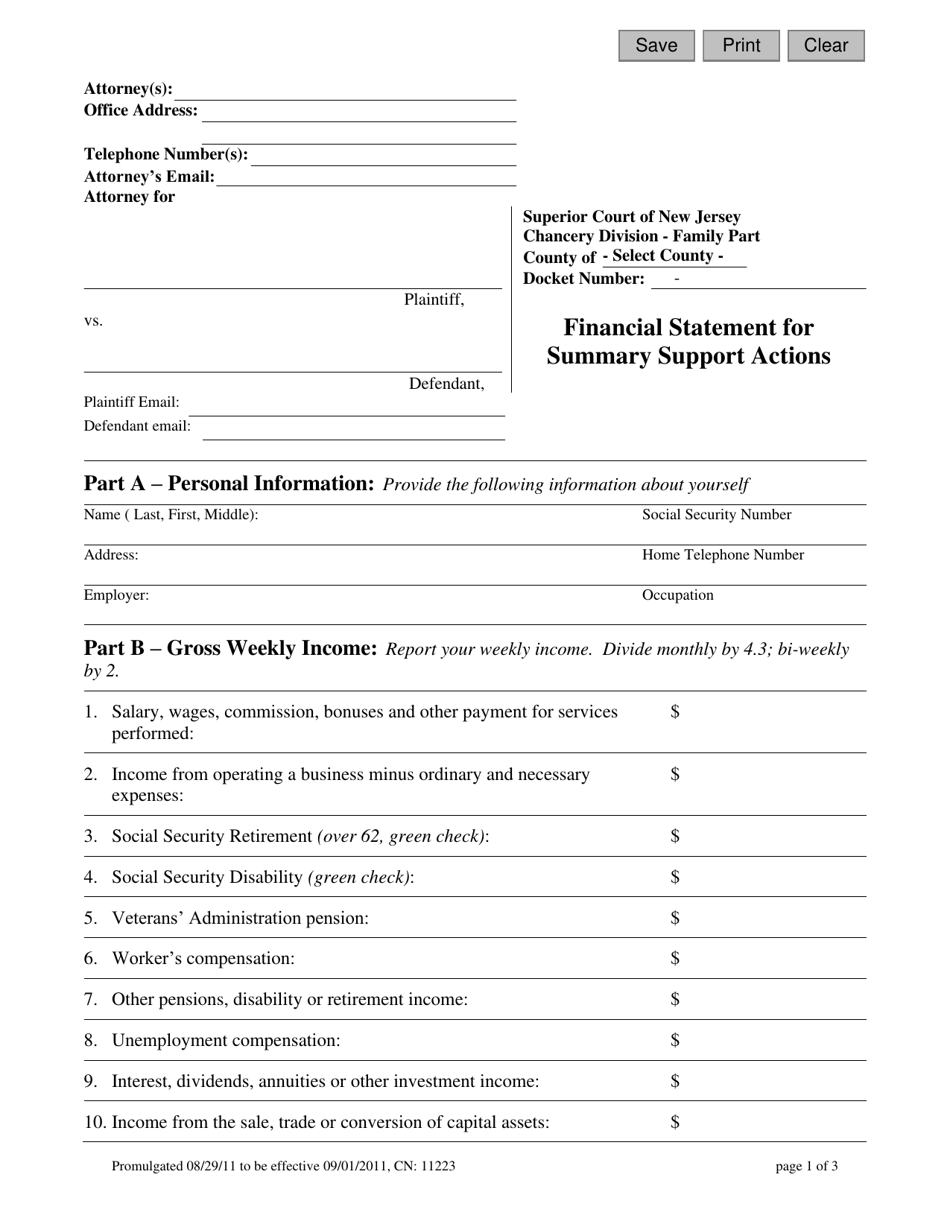 Form 11223 Financial Statement for Summary Support Actions - New Jersey, Page 1