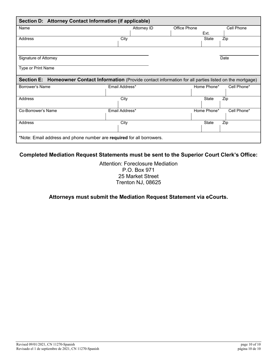 Form 11270 Mediation Request - Statement Homeowner-Borrower(S) Request for Court Sponsored Foreclosure Mediation - New Jersey (English / Spanish), Page 10