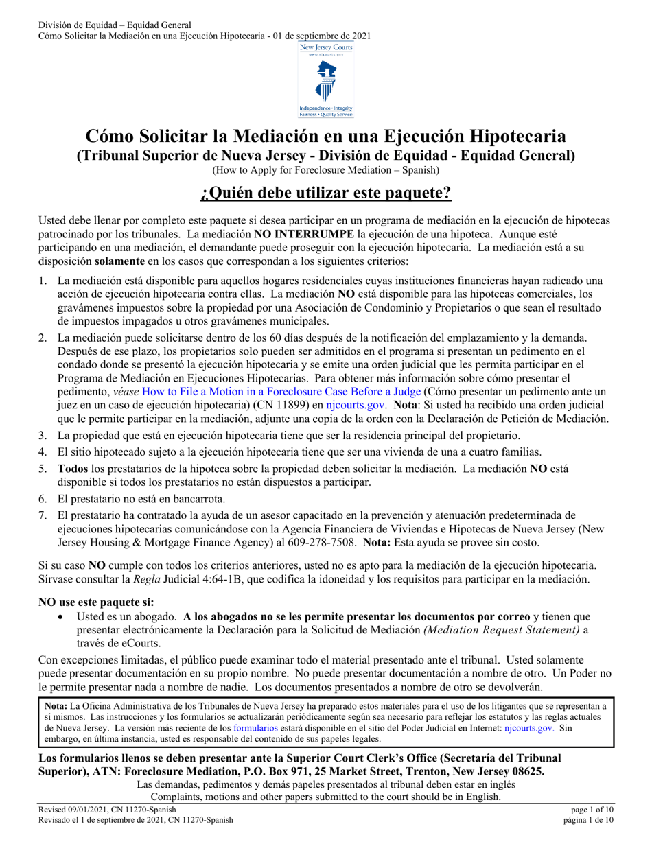 Form 11270 Mediation Request - Statement Homeowner-Borrower(S) Request for Court Sponsored Foreclosure Mediation - New Jersey (English / Spanish), Page 1