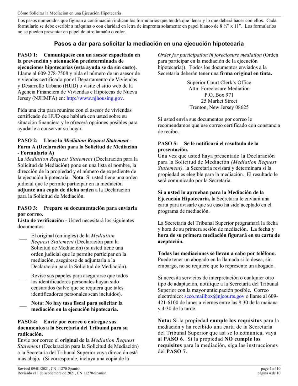 Form 11270 Mediation Request - Statement Homeowner-Borrower(S) Request for Court Sponsored Foreclosure Mediation - New Jersey (English / Spanish), Page 4