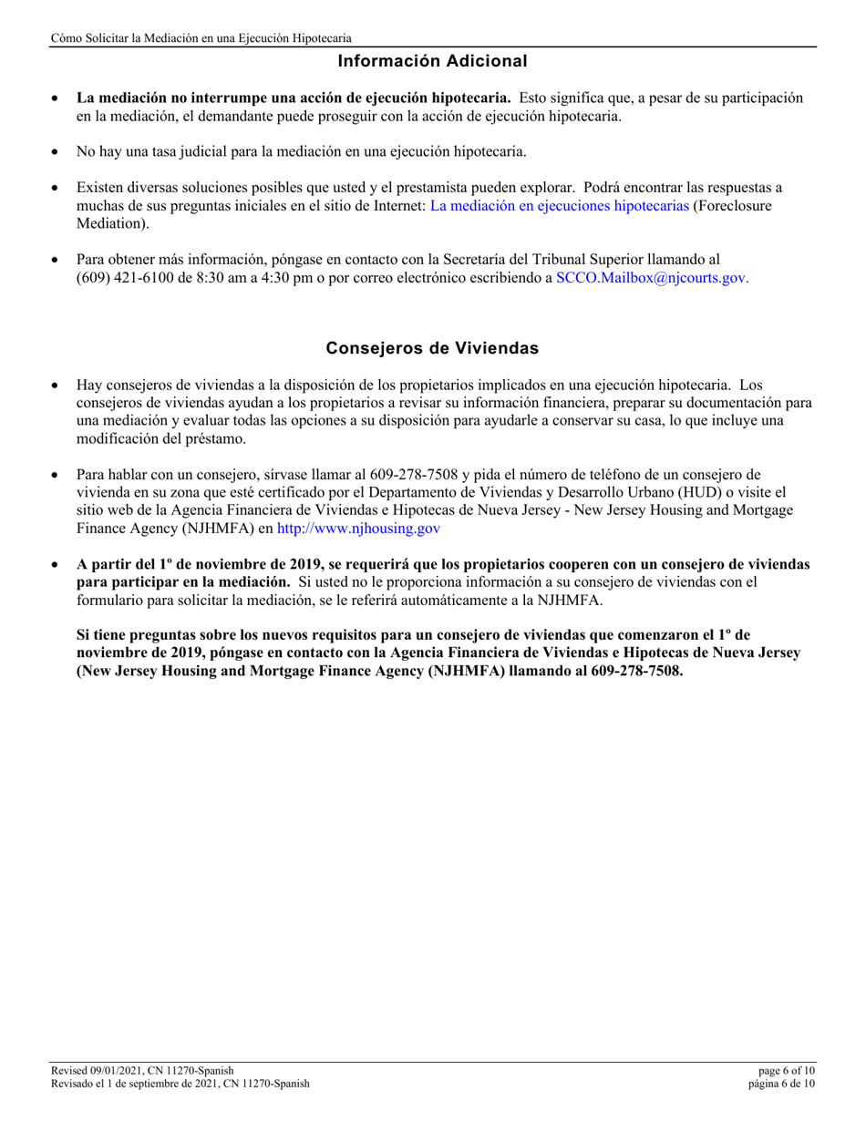Form 11270 Mediation Request - Statement Homeowner-Borrower(S) Request for Court Sponsored Foreclosure Mediation - New Jersey (English / Spanish), Page 6