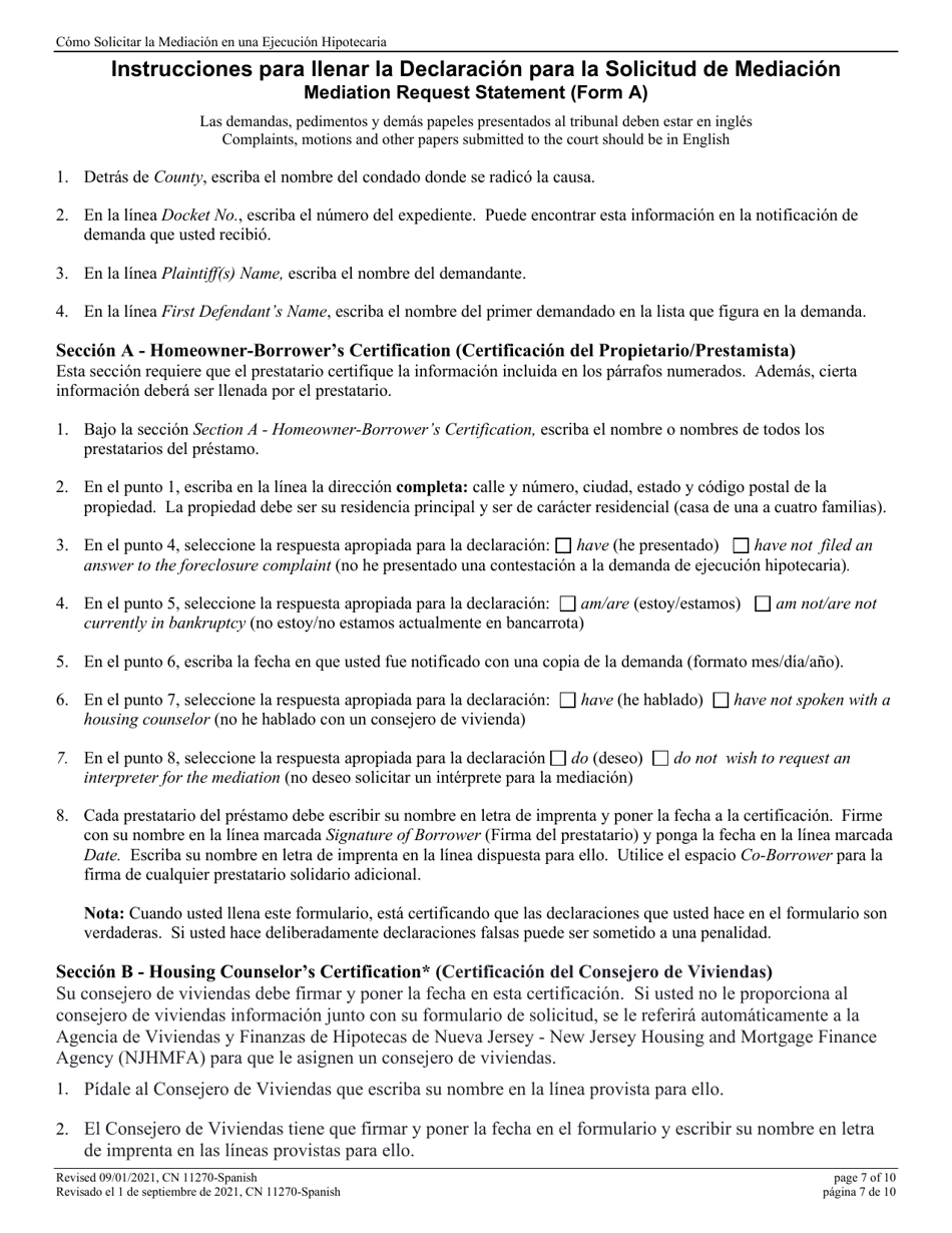 Form 11270 Mediation Request - Statement Homeowner-Borrower(S) Request for Court Sponsored Foreclosure Mediation - New Jersey (English / Spanish), Page 7