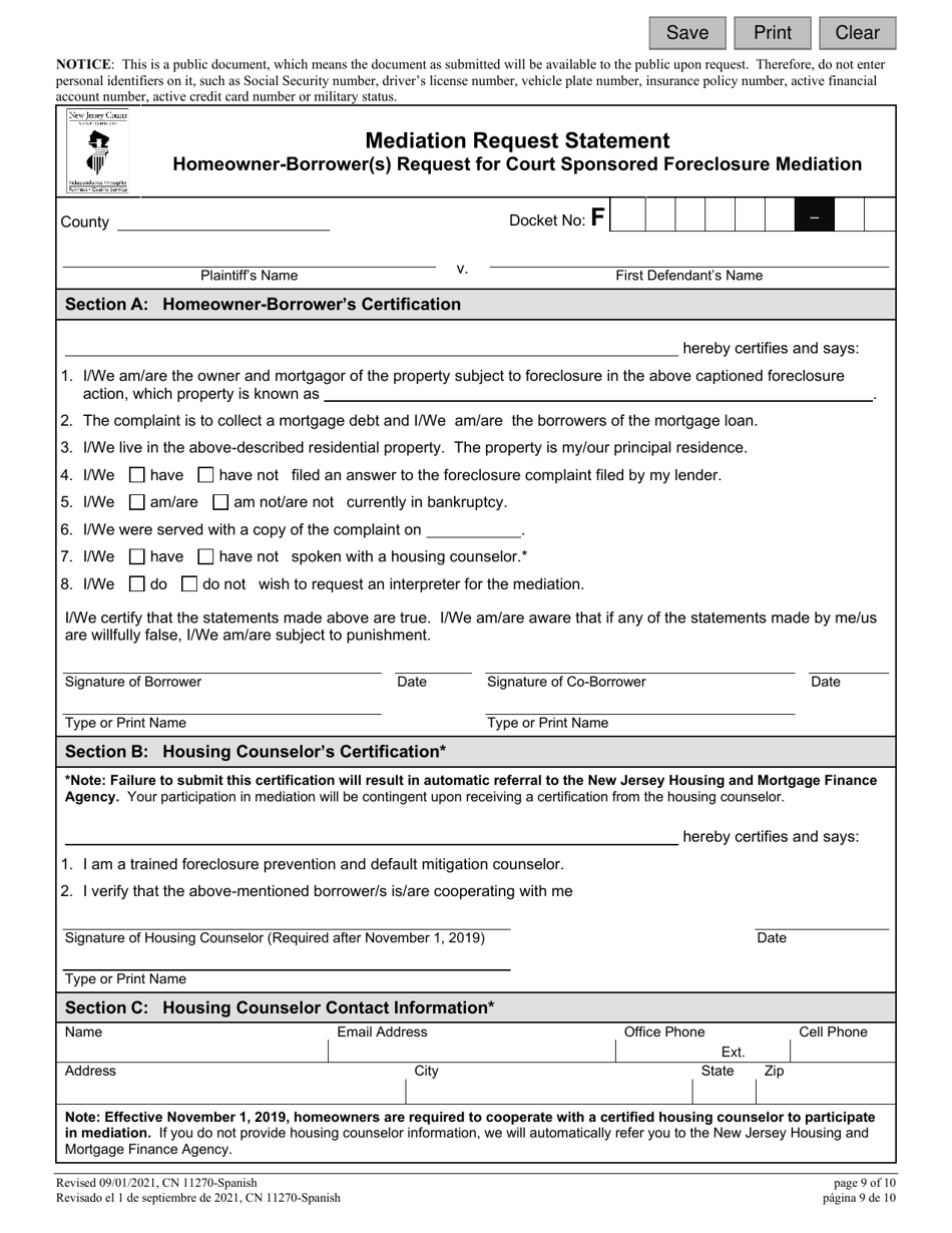 Form 11270 Mediation Request - Statement Homeowner-Borrower(S) Request for Court Sponsored Foreclosure Mediation - New Jersey (English / Spanish), Page 9