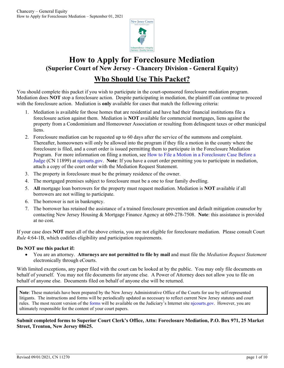 Form 11270 Mediation Request Statement - Homeowner-Borrower(S) Request for Court Sponsored Foreclosure Mediation - New Jersey, Page 1