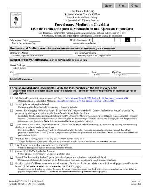 Form 11655 Foreclosure Mediation Checklist - New Jersey (English/Spanish)