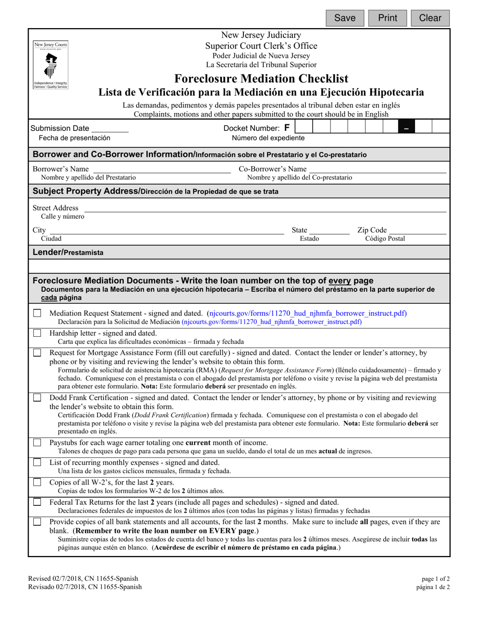 Form 11655 Foreclosure Mediation Checklist - New Jersey (English / Spanish), Page 1