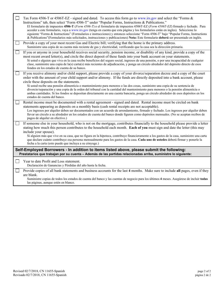 Form 11655 Foreclosure Mediation Checklist - New Jersey (English / Spanish), Page 2