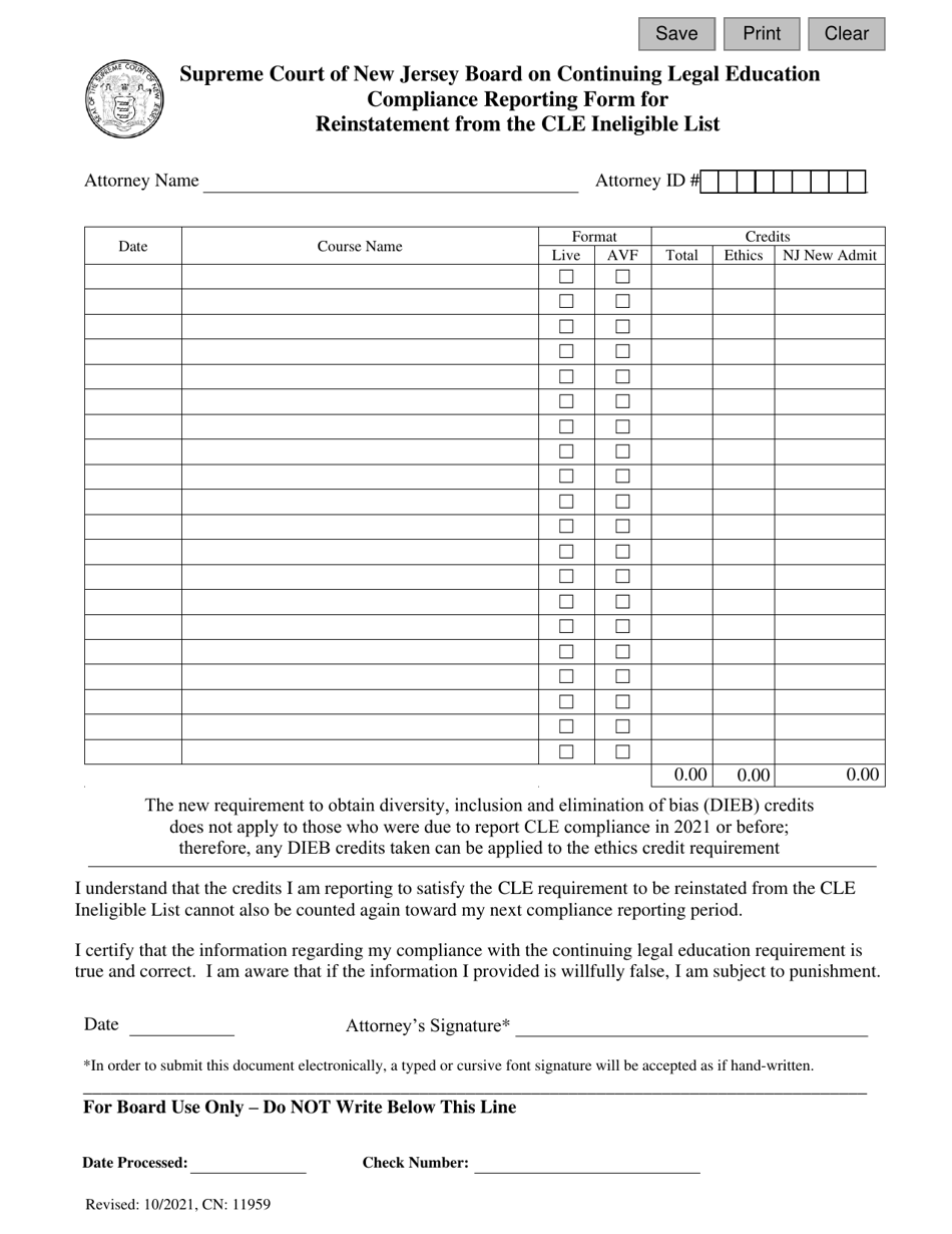 Form 11959 Compliance Reporting Form for Reinstatement From the Cle Ineligible List - New Jersey, Page 2