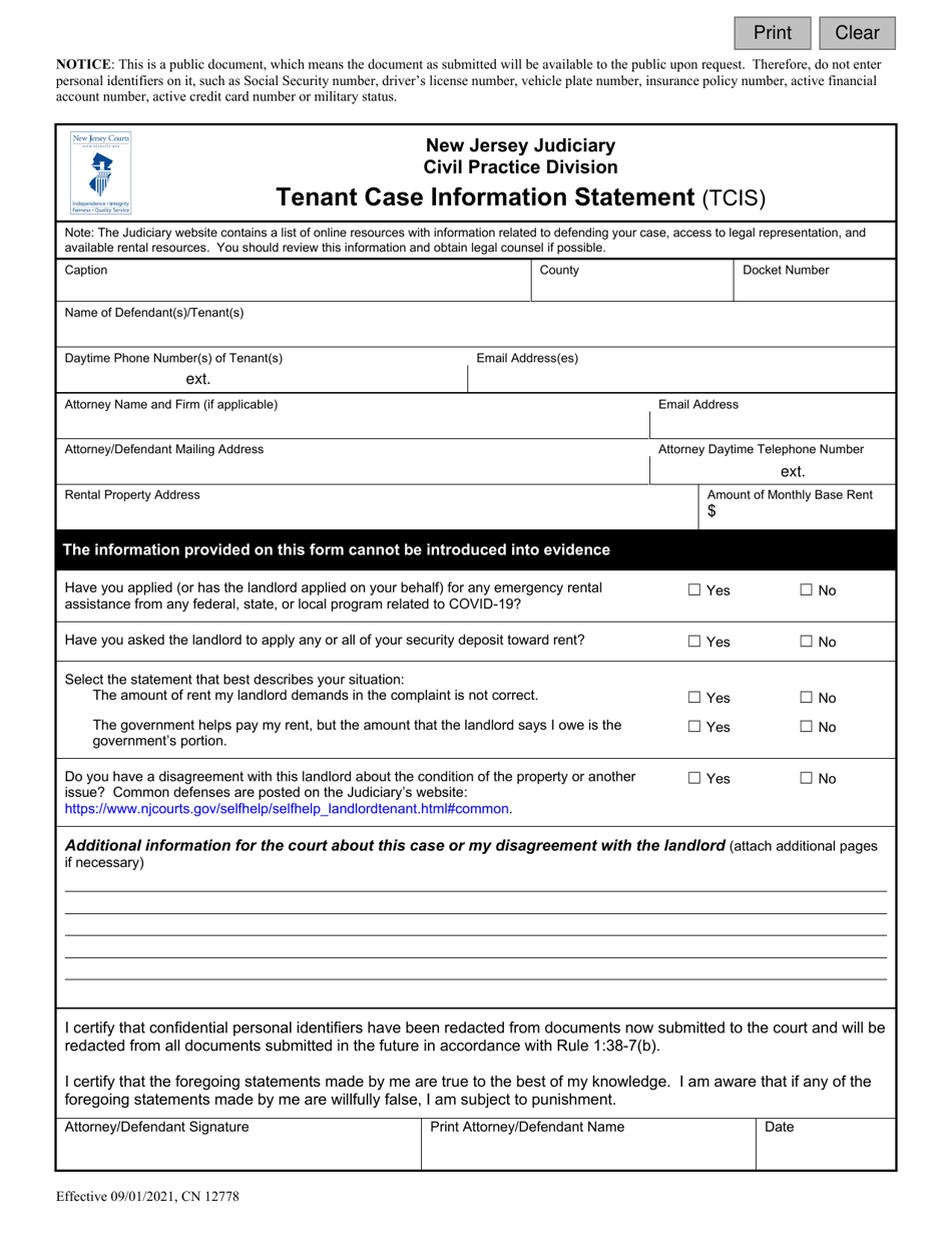 Form 12778 Tenant Case Information Statement (Tcis) - New Jersey, Page 1