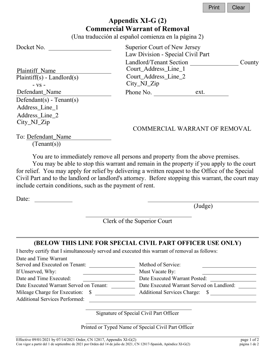 Form 12817 Appendix XI-G (2) Commercial Warrant of Removal - New Jersey (English / Spanish), Page 1