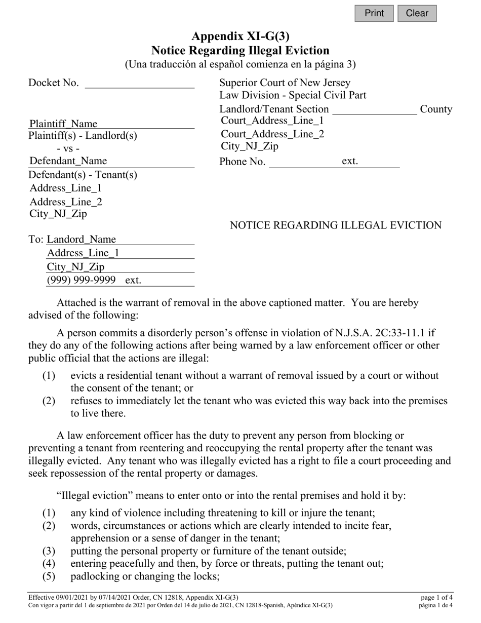 form 12818 appendix xi g 3 download fillable pdf or fill online notice regarding illegal eviction new jersey english spanish templateroller