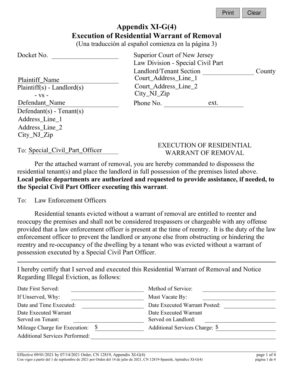 Form 12819 Appendix XI-G (4) Execution of Residential Warrant of Removal - New Jersey (English / Spanish), Page 1